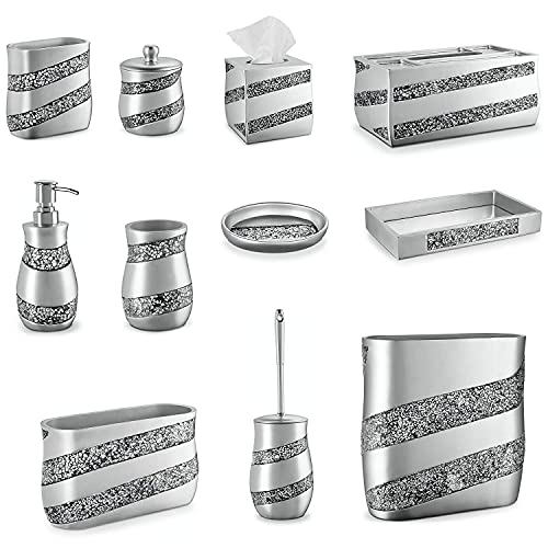 DWELLZA 6-Piece Bathroom Accessories Set, Complete Bath Set Includes Countertop Soap Dispenser, Toothbrush Holder, Tumbler, Soap Dish, Square Tissue Cover, Wastebasket (Silver Mosaic)