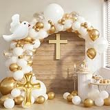 First Holy Communion and Baptism Balloon Arch Kit-White Gold Cross Dove Confetti Balloons for Christening Party Primera Comunion Baptism Decorations,God Bless