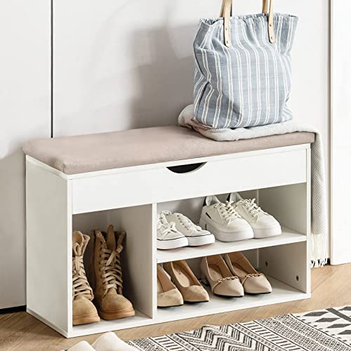 Apicizon Shoe Bench, Entryway Storage Benches, White Shoe Storage With Flip Top And Padded Cushion,Wooden Shoe Bench For Entryway, 2-Tier Shoe Rack Organizer For Entryway And Hallway, White #TOP2