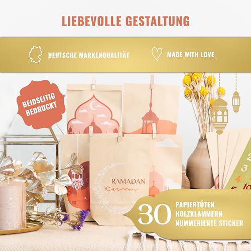 AMARI ® Ramadan Tüten (30 Stück inklusive Sticker & Klammern) - Ramadankalender zum Befüllen - Ramadan Kalender Tüten - Ramadan Kalender Bastelset
