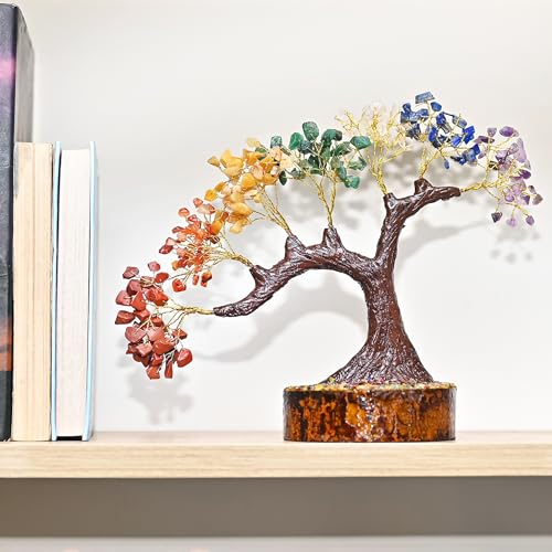 Image of Seven Chakra Crystal Tree for Positive Energy and Home Decor - Handmade Feng Shui Bonsai Tree with Natural Gemstones on Wooden Base - Healing and Meditation