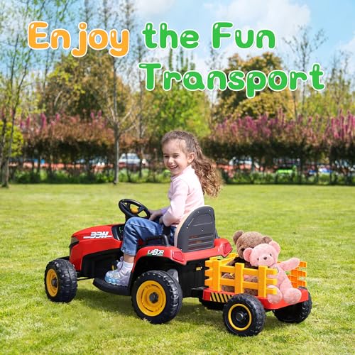 Image of ANPABO 24V Ride On Tractor for Kids w /Detachable Trailer, EVA Tires, Red