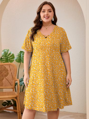AusLook Plus Size Midi Dress for Women Floral Black 5X Short Sleeve V Neck Criss Cross A Line Summer Casual Vacation Dress T-Shirt 2026 Sundresses with Pockets — view 4
