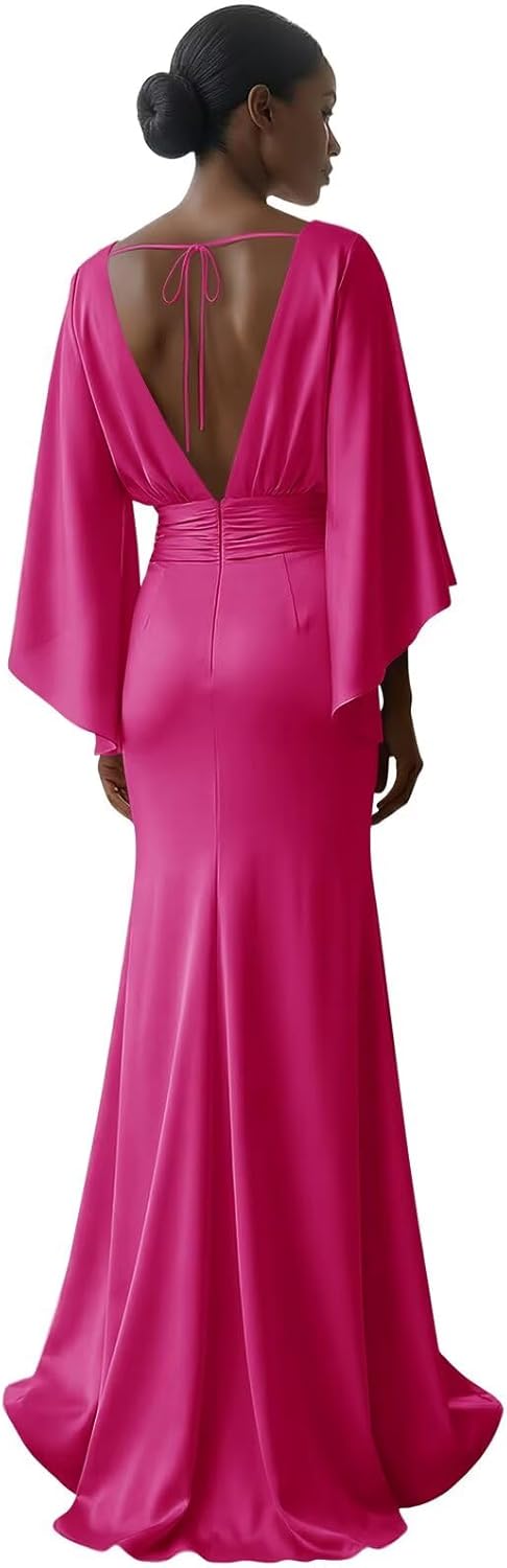 Cudiew Satin Wedding Guest Dress Long Flowy Sleeve Ruched A Line Formal Dresses 2026 Mother of The Bride Gown