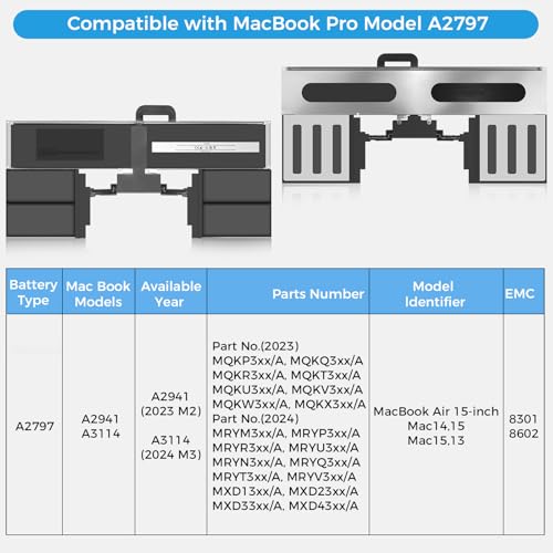 Image of A2941 Battery,A2797 Battery Replacement for MacBook Air 15 Inch M2 (2023) EMC 8301(Upgraded High Performance 11.54V 6000mAh 66.5Wh)