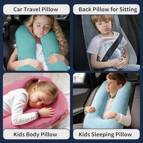 Image of Travel Pillow,Car Pillow for Kids on Road Trip,Head and Neck Support,Green | Car Travel Essentials Sleeping Pillow for Kids and Adults with Adjustable Strap,Plush Faux Fur, High-Resilience PP Cotton