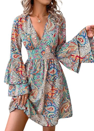 Giovacker Women's Flared Sleeves Floral Print Mini Dress