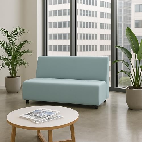 Image of FDP Pro Series Upholstered Armless Mobile Sofa with Tech Panel, Collaborative Commercial Furniture for Hotel Lobby, Office, School, Restaurant, Library, Waiting Room - Sky Blue Crosshatch