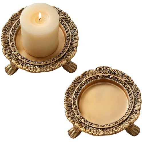 BrightRow 2 Pack Brass Color Candle Holder Gold Vintage Tray