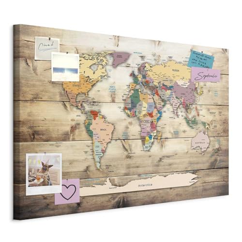 murando - Mapamundi con tablero para clavar chinchetas 90x60 cm - Cuadro en Lienzo sintético - 1 parte - Panel de Fibra - Mapa del Mundo Continente - viajes geografia Vintage k-C-0077-v-a