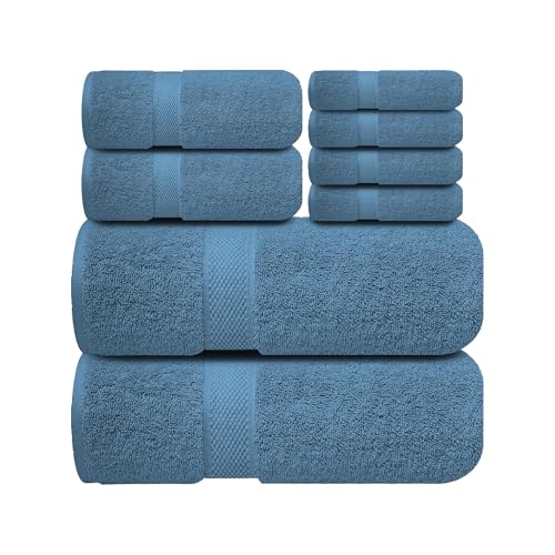Image of Sulfar 100% Combed Cotton, 8 Pcs Towel Set - 2 Bath Towels (70 x 140 cm), 2 Hand Towels (40 x 70 cm) and 4 Face Towel (30 x 30 cm) (600 GSM, Pack of 8) Dark Blue
