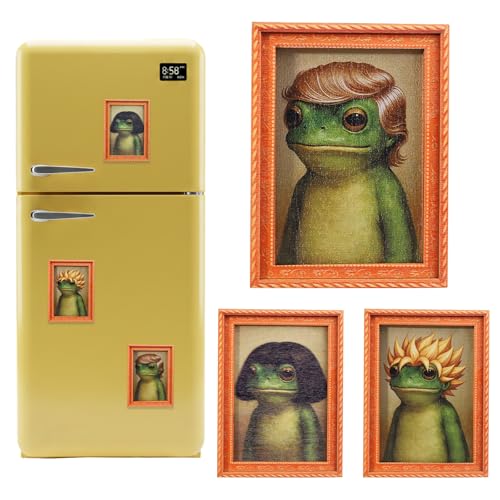 3PCS Funny Frog Fridge Magnet, Cute Retro Mini Framed Frog Art Magnet, Funny Retro Art Wooden Magnet Frames with Strong Hold，Quirky Mini Frog Fridge Magnet for Fridge or Magnetic Board (Wood Frame 1) - image 1
