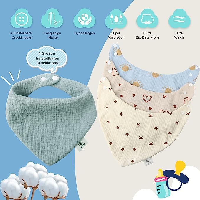 Ouqidillc Bib Baby Triangular Scarf Absorbent,6-Layer Muslin Neckerchief Baby with Adjustable Press Stud,Soft Baby Drool Bibs for Boys and Girls,Infants,Toddlers,Unisex,Pack of 6,multicoloured - Image 3