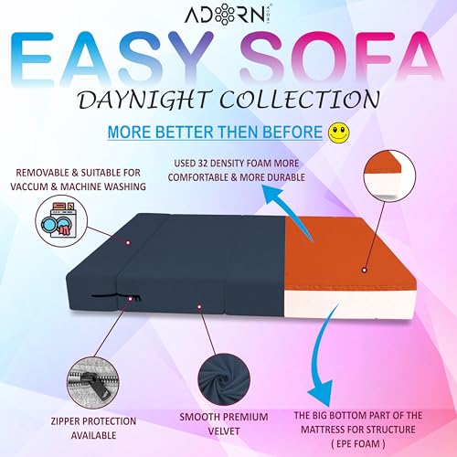 Image of Adorn India Easy 3 Seater Sofa Cum Bed | Velvet Fabric | Dark Grey | Plain Design | 6x5 Ft | Comfortable Seating | Washable Cover | Perfect for Home & Office
