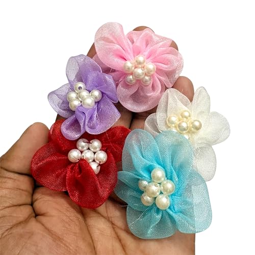 Image of Fabric Flower Embellishments with Pearl Center Handmade Organza Floral Appliques for Craft, Hair Accessories, Scrapbooking, DIY Decoration & Sewing Pack of 25 Piece 4CM (Combo)