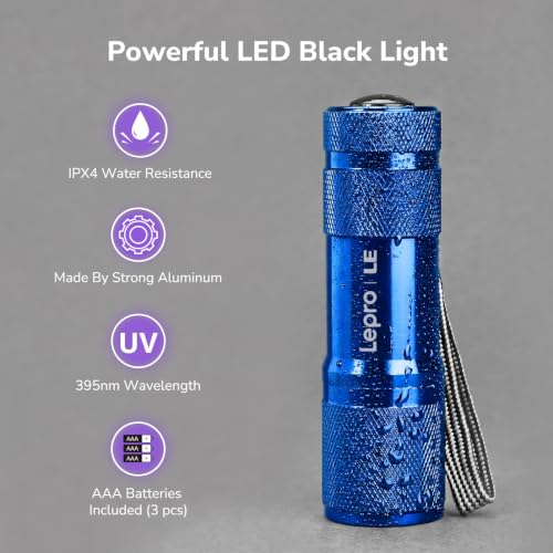 Image of Lepro 365nm UV Flashlight, Small Portable Black Light Detector for Invisible Ink Pens, Dog Cat Pet Urine Stain, AAA Batteries Included, 2 Pack