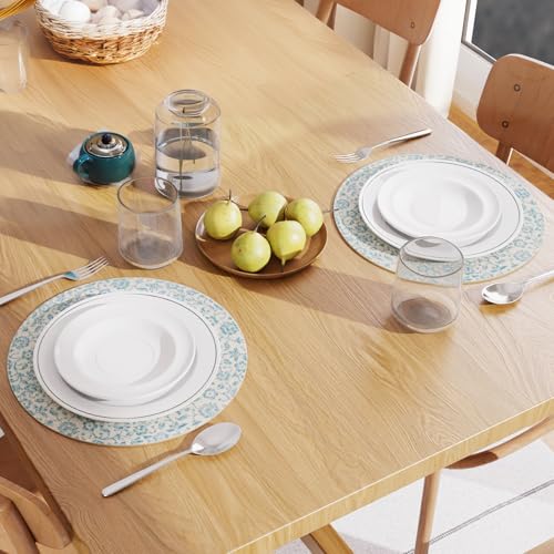 Image of Dining Table Mats Set of 2 | Cotton Table Mat 32 cm Diameter, Encasa XO Washable Round Table Mats, Heat Resistance Dining Table Placemats, Handmade Ribbed Style for Centre Table, Printed Light Blue