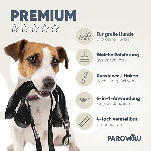 PAROWAU Hundeleine 3m [4-Fach verstellbar] + Hundespielzeug Ball [Zahnpflege Hund] Leine Hund Hundezubehör Hundeleine für große Hunde Hundespielzeug Intelligenz Hundespielzeug unzerstörbar (schwarz)