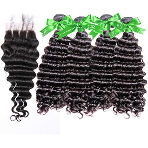 GoldRose Beauty Grade 6A 16''18''20''22'' Brazilain Virgin Human Hair 4 Bundles Deep Wave With1 Piece 12''Swiss Lace 4"x4" Three Part Lace Closure,Brazilian Virgin Hair Deep Wave WithClosure Cover