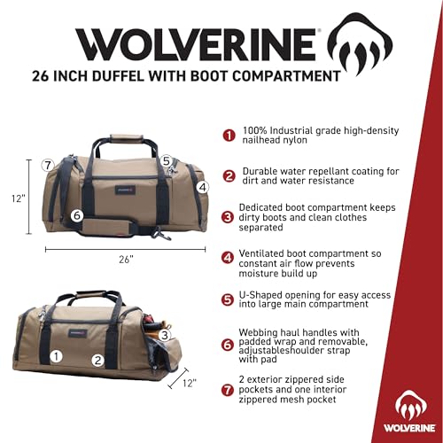 WOLVERINE 26" Duffel with Ventilated Boot Compartment, Water & Dirt Resistant, Chestnut, One Size - Image 3