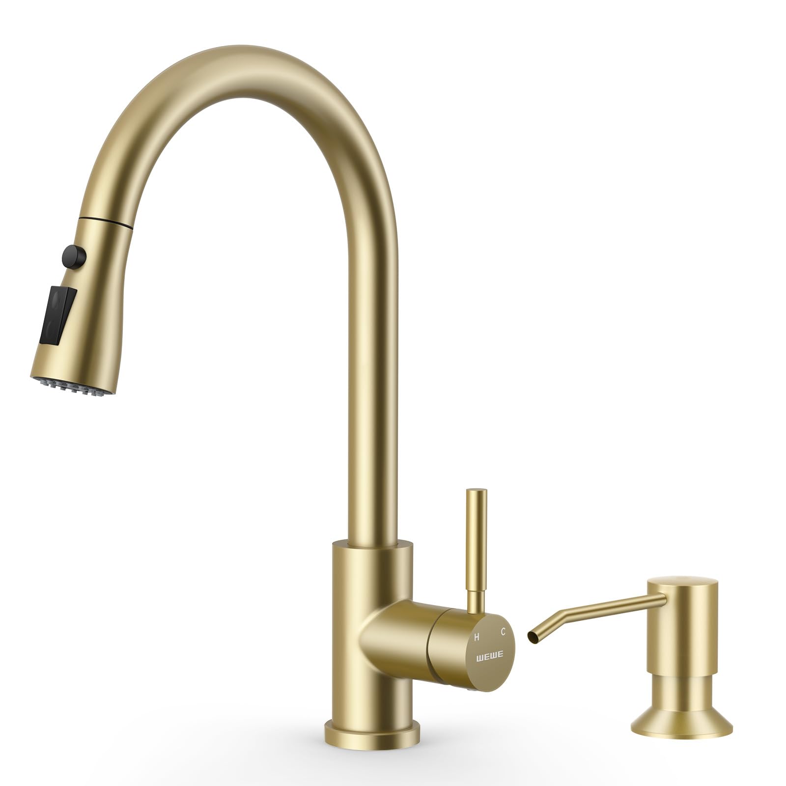 WEWE Kitchen Faucet with Pull Down Sprayer and Soap Dispenser, Gold High Arc Single Handle Stainless Steel Sink Faucet, Suitable for Farmhouse, RV & Laundry Gold Antique