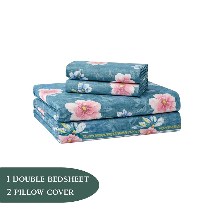Image of THEA Double Bedsheet Set| 100% Cotton Like Soft Fabric | Microfiber Double Bedsheet for Double Bed (90 X 100 inches) with 2 Pillow covers,Royal Teal Flora