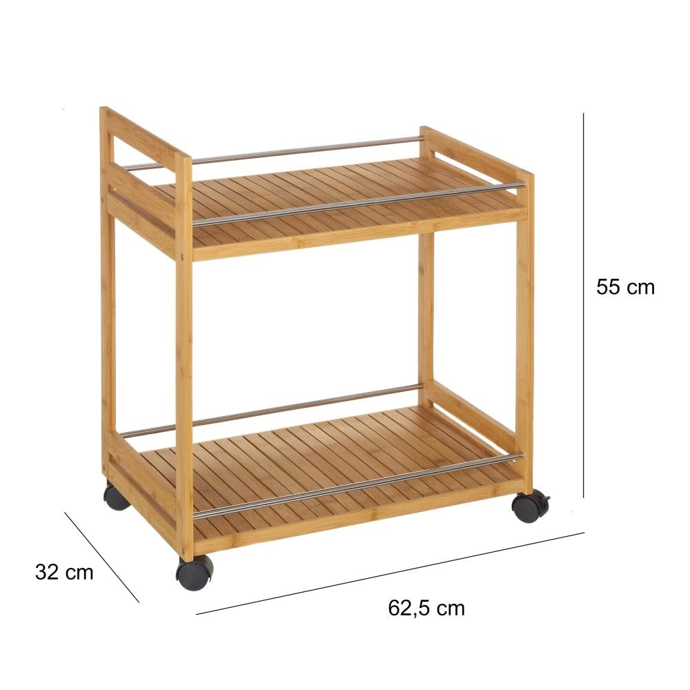 Carrito camarera de cocina de bambú natural con 2 estantes de 55x32x62 cm | Ruedas con freno y barras anticaída integradas. Transporta platos de forma segura, sirve comidas y organiza todo tu menaje