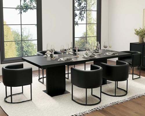 Image of HNY Mid Century Modern Upholstered Barrel Black Dining Chairs with Arms Set of 6, Leather Kitchen & Dining Room Chairs, 18.5 inch Wide Accent Chairs for Dining Room Living Room with Black Metal Frame