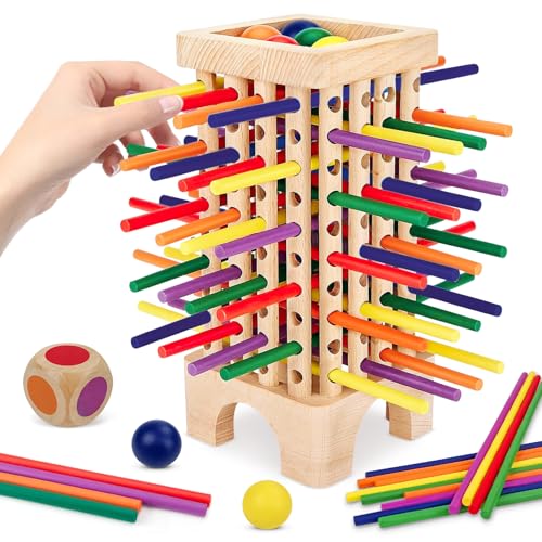 JWDMHSJ Montessori Spiel Brettspiel aus Holz, 42 Stück Bunte Holzstäbchen Würfelspiel, Würfelspiel für die Familie, Mathe & Feinmotorik Spielzeug, Kinderspiele Reisespiel ab 3 4 5 6 Jahren