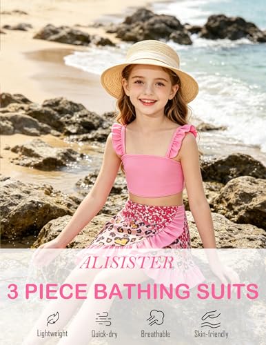 Image of ALISISTER Girls Swimsuit 3 Piece Bathing Suits Summer Bikini Tankini Sets with Cover Up Skirt for 4-12 Years