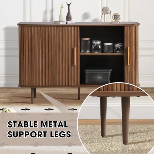 Grepatio 47\" Sideboard Buffet Cabinet with Fluted Slide Doors, Tambour Storage Cabinets with Adjustable Shelves, Credenza Console Mid Century Cabinet for Living Room Hallway Entryway (Brown) - Thumbnail 7