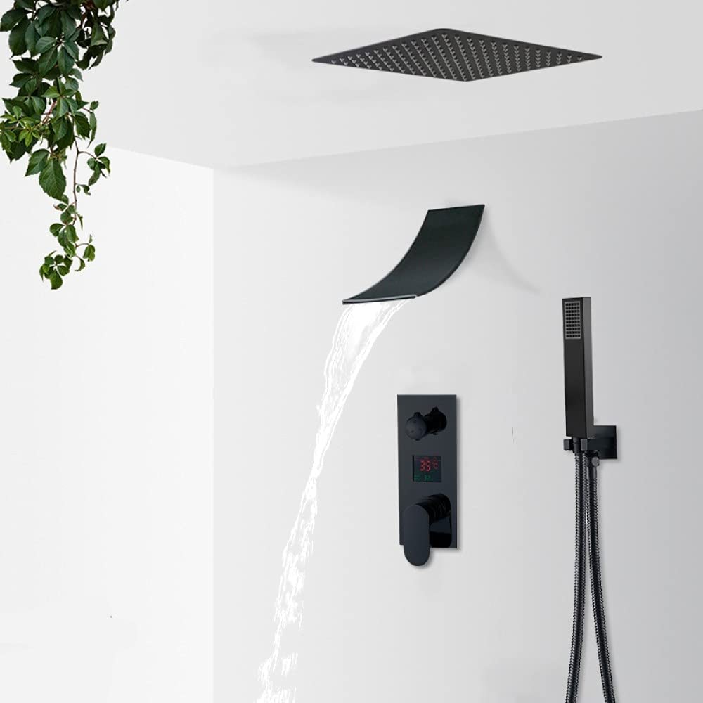 Kit de grifería de Ducha de Lluvia y Cascada en Negro Mate con Pantalla Digital LCD, Sistema de Ducha para baño, grifos mezcladores de Ducha de 2/3 vías, 3 vías, 16 pulga,3-Way 10in Watfall a