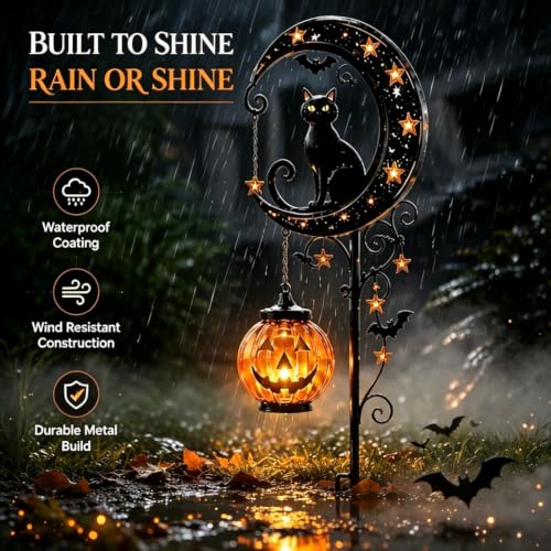 Solar Halloween Black Cat &Pumpkin Moon Garden Stake Ligh, Metal Half Moon Outdoor Decorative Lights for Yard Lawn Patio Front Porch Halloween Holiday Outside Decoration (1pcs) - Image 4