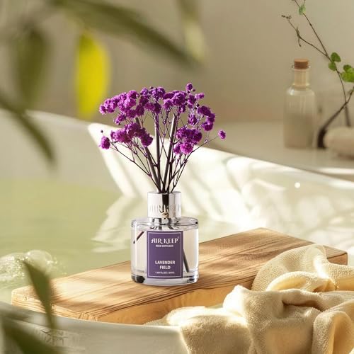 Image of Airkeep Reed Diffuser Set,1.69 fl oz (50 ml) - Lavender Field Oil Diffusers with 8 Reed Sticks,Home Fragrance Reed Diffuser for Bathroom Shelf Decor