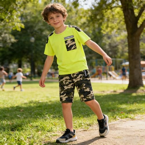 Image of LOLANTA Boy Summer Outfit Casual Clothes 2Pcs Cotton T-shirt Shorts Set | Kids Short Sleeve T-Shirt, Boy Camouflage Knee-length Shorts, Breathable Fashion Outfits, School Daily Matching Clothing Sets