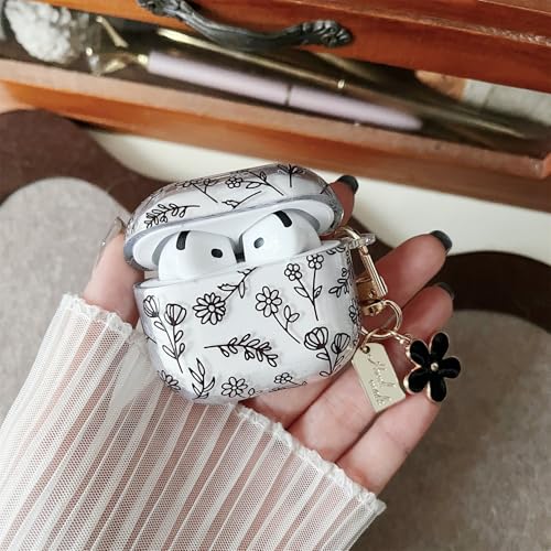 Image of MINSCOSE Compatible with AirPods 4 Clear Case,Cute Flower Floral Aesthetic Design with Flowers Keychain, Soft TPU Protective Shockproof Case for Women Girl for Airpods 4-Black