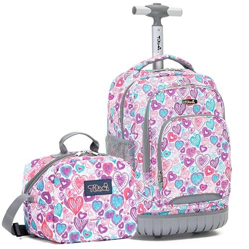 NEW TILAMI 18 Inch Rolling Backpack for Kids, Boys Wheeled Laptop Rolling Backpack for Girls Travel School Student Trip Using, Pink Love