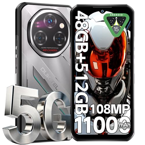 OUKITEL WP62 Rugged Smartphone 5G - Android15 Rugged phone, 48GB RAM+512GB ROM+2TB,108MP Camera,11000mAh Battery,120Hz + 6.6" Night Vision Sim-free&Unlocked Mobile Phones,NFC,OTG,GPS,Silver