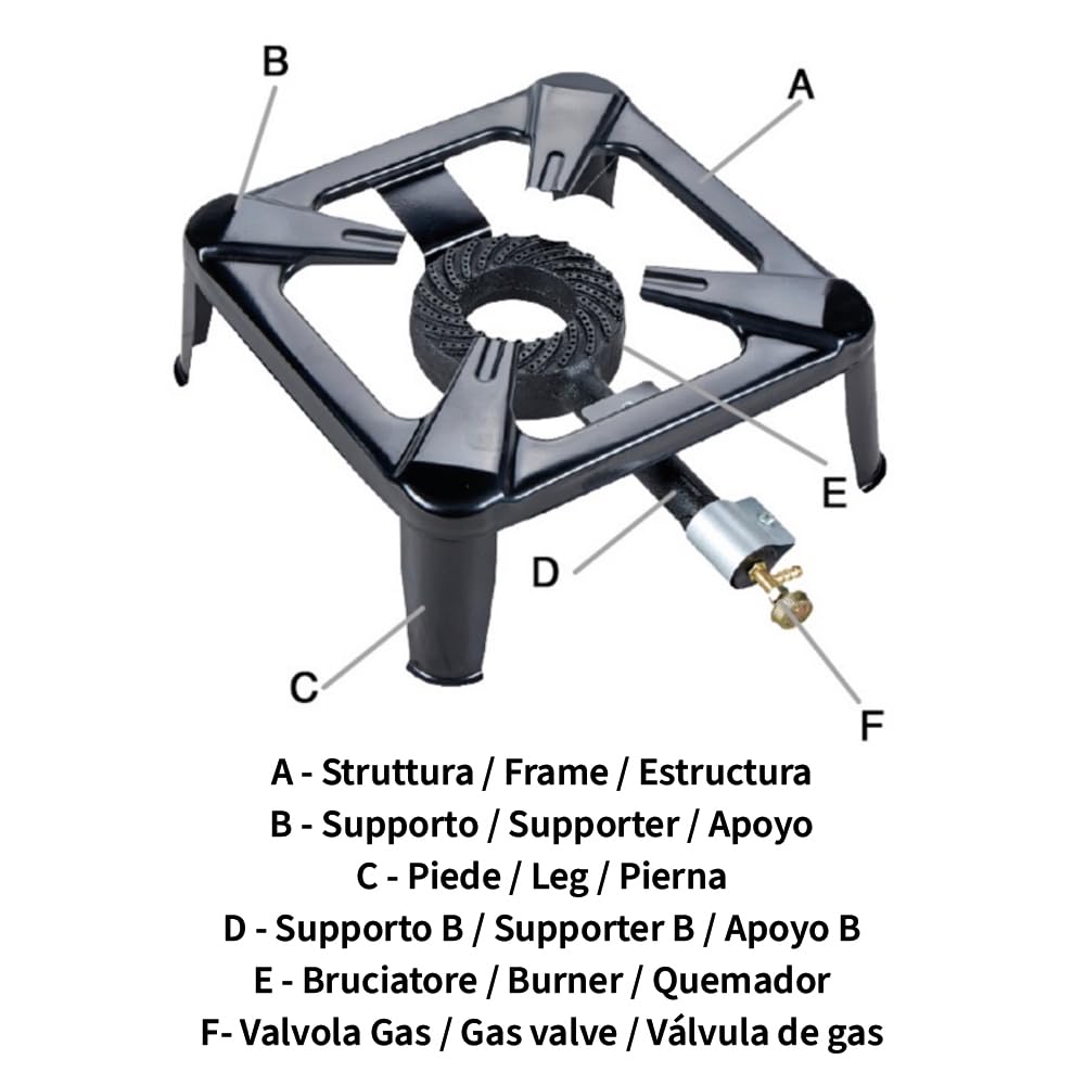 Fornellone a Gas 4 piedi 30x30 cm, bruciatore in ghisa, acciaio verniciato nero, GPL per bombola, Butano - Propano, Altezza 15 cm
