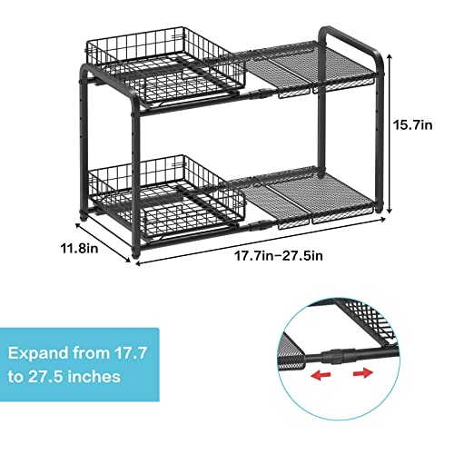 Expandable Under Sink Organizers And Storage, 2-Tier Cabinet Organizer Shelf With 2 Slide-Out Baskets, Adjustable Large Under Sink Storage Racks For Bathroom Kitchen,Black #TOP3
