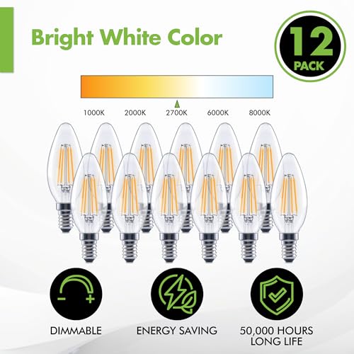 Image of KOR E12 Candelabra Bulbs, 12 Pack, Dimmable LED Candle Bulb, 60W Equivalent, 500 Lumens, 5.5W, 2700K Warm White, UL Listed, Vintage B11 Clear Glass Filament Light Bulbs for Chandelier, Ceiling Fans