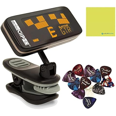 Peterson Clip Tuner StroboClip HD Set- Guitar Tuner Clip On, Bass Tuner, Violin, Ukulele, Harp, Brass, with 12X Guitar Picks & Liquid Audio Polishing Cloth- Musical Instruments Performance Tuner Cover