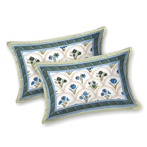 Image of BLOCKS OF INDIA Hand Block Printed 200 TC Cotton King Size Bedsheet (Blue Rose)