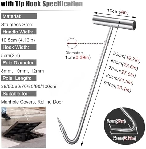 Heavy Duty Manhole Hook Tool - T-Handle Pry Bar for Sewer Drain Covers, Stainless Steel Lid Puller with J Hook, Ideal for Storm Drain and Rolling Door Access