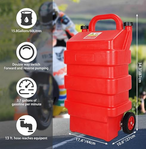 16 Gallon Portable Fuel Caddy Tank | 3.7 Gal/min | Fuel Transfer Tank with Electric Pump & Wheels | 6.6-Foot Long Hose| Red