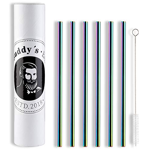 Buddy´s Bar Reusable stainless steel straws, 6 metal straws in set + cleaning brush, size 21.5cm x 8mm, environmentally friendly, rainbow look