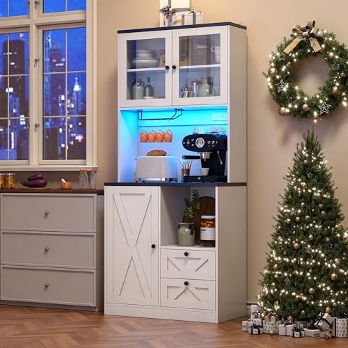 Image of 71 inch Tall Coffee Bar Cabinet with Storage Hutch, Farmhouse Kitchen Pantry Cabinet with LED Lights Microwave Stand and Glass Holder for Home Dining Room Kitchen,White