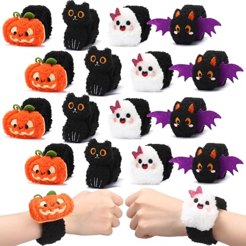 Jenaai 16 Pcs Halloween Stuffed Slap Bracelets Plush Black Cat Pumpkin Ghost Bat Slap Bracelets Cute Wrist Band Props Trick or Treat Gift Bag Filler for Halloween Birthday Party Gifts