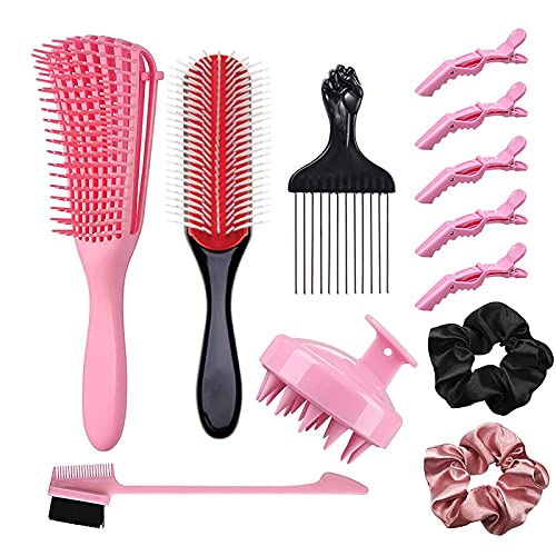 12 Pcs Detangling Brush Set for Curly Hair, Detangler Hair Brush with 9 Row Cushion Nylon Bristle, scalp scrubberã€including 5 Alligator Clipsã€ Curl Defining Brush ã€2 Scrunchiesï¼Œwet dry haircombsâ€¦