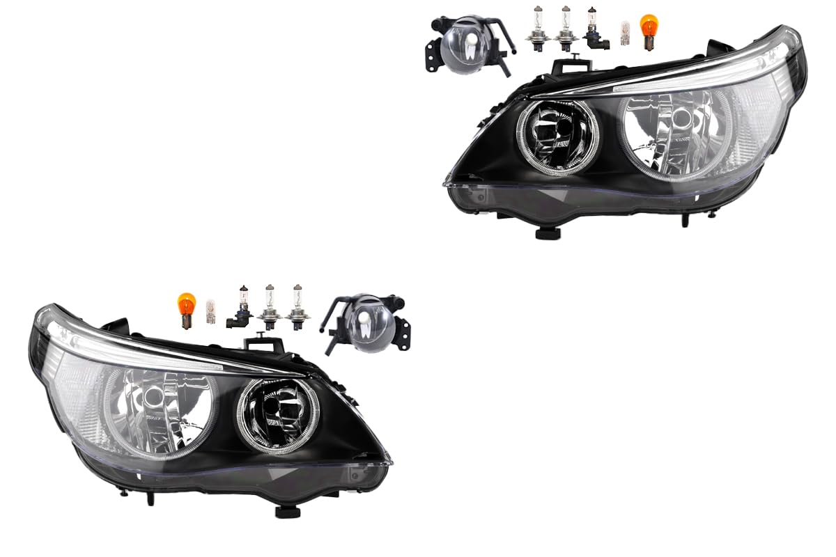 Johns, Set di fari alogeni anteriori adatti per BMW serie 5 E60 E61 07/2003-03/07 H7 H7 sinistra e destra + fendinebbia + lampadina